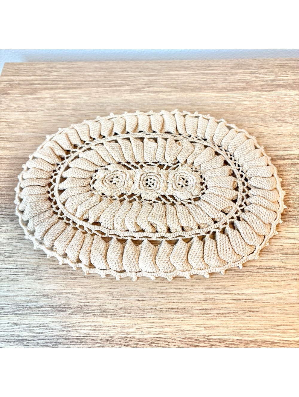 Vintage Handmade Crochet Oval Doily 8x10 Beige Floral Lace Table Centerpiece